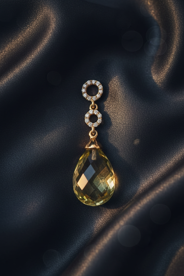 14K Yellow Gold Olive Quartz Briolette and Diamond Pendant – Side Profile