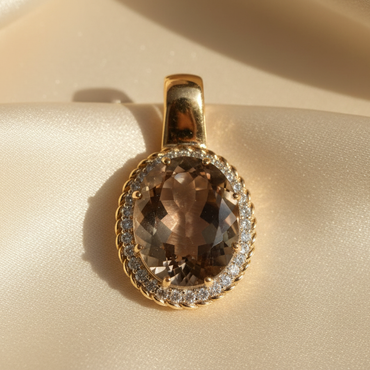 14K Yellow Gold Oval Smoky Quartz and Diamond Halo Pendant - front view