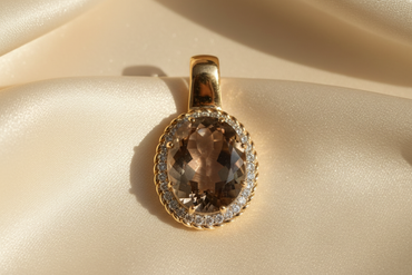 14K Yellow Gold Oval Smoky Quartz and Diamond Halo Pendant - front view