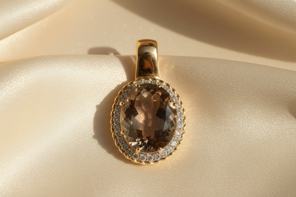 14K Yellow Gold Oval Smoky Quartz and Diamond Halo Pendant - front view