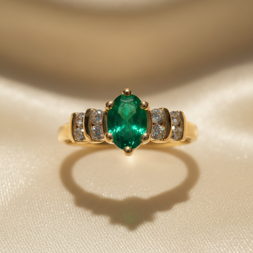 14K Yellow Gold Oval Emerald & Diamond Ring - editorial top down