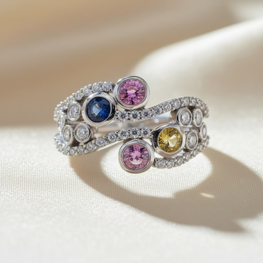14K White Gold Multi-Sapphire Bubble Bezel Diamond Ring — Front View