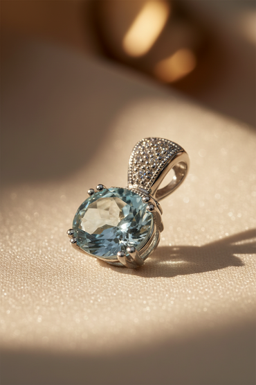 14K White Gold Round Aquamarine & Diamond Pendant - editorial three-quarter
