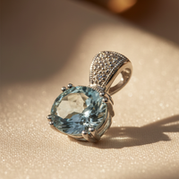 14K White Gold Round Aquamarine & Diamond Pendant - editorial three-quarter