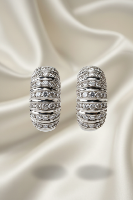 14K White Gold Diamond Multi-Row Huggie Hoop Earrings – Front View