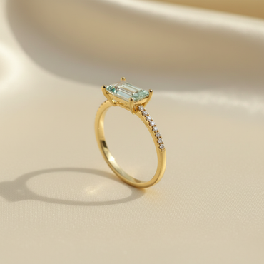 14K Yellow Gold Green Amethyst & Diamond Ring - Editorial Angled View