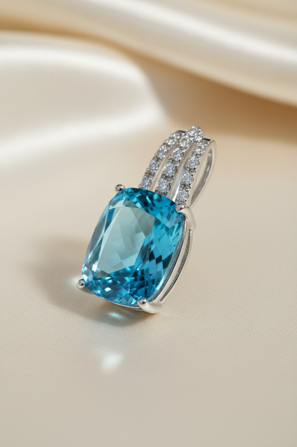 14K white gold cushion blue topaz and diamond triple bail pendant, three-quarter angle