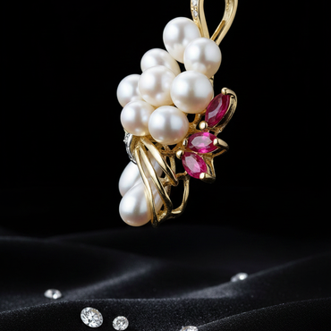 Yellow gold freshwater pearl cluster and ruby pendant - side angle