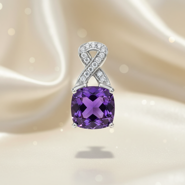 18K White Gold Cushion-Cut Amethyst Pendant with Diamond Infinity Twist Bail - Front View