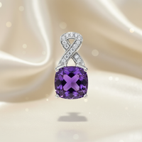 18K White Gold Cushion-Cut Amethyst Pendant with Diamond Infinity Twist Bail - Front View