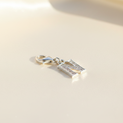 Sterling Silver CZ Letter N Charm with Lobster Clasp