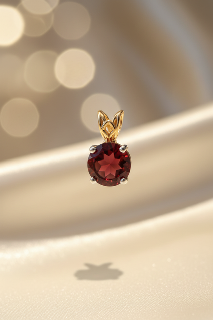 14K two-tone gold round garnet pendant bail detail