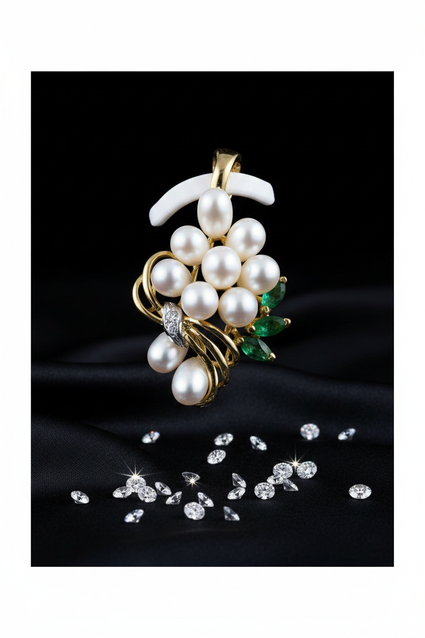 Yellow gold freshwater pearl cluster pendant - front close-up