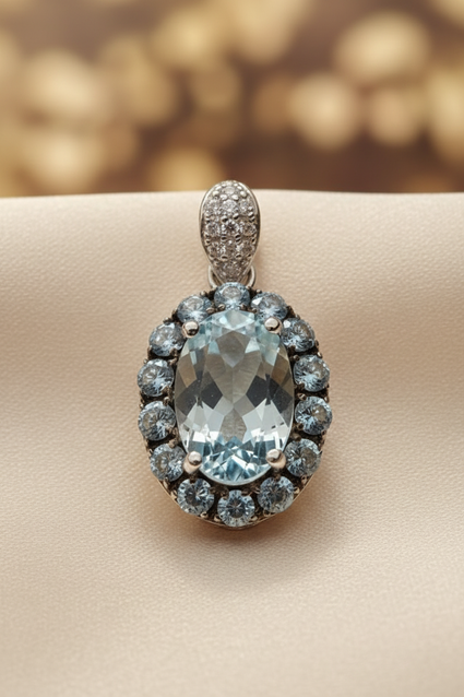 14K White Gold Oval Aquamarine Halo & Diamond Pendant - editorial side