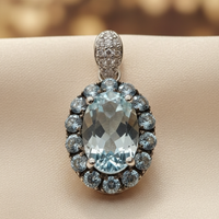 14K White Gold Oval Aquamarine Halo & Diamond Pendant - editorial side