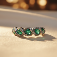 14K White Gold Emerald & Diamond Five-Stone Serpentine Ring - editorial close up