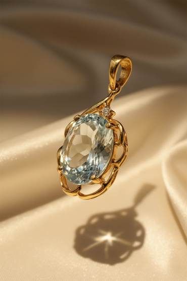 18K Yellow Gold Large Oval Aquamarine & Diamond Filigree Pendant – Three-Quarter View