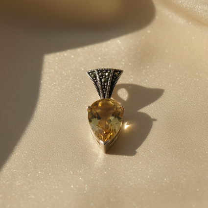 Sterling Silver Citrine & Marcasite Art Deco Pendant - editorial marketing image