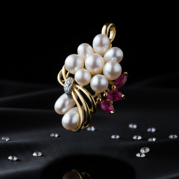 Yellow gold freshwater pearl cluster and ruby pendant - three-quarter angle
