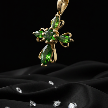 14K Yellow Gold Chrome Diopside Cross Pendant - Three-Quarter Angle