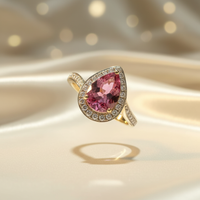 14K Yellow Gold Diagonal Pear-Cut Pink Tourmaline Ring with Diamond Halo - Straight On