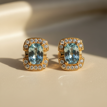 18K yellow gold aquamarine and diamond halo post earrings - editorial marketing image 1