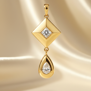 14K yellow gold diamond kite and teardrop two-part drop pendant, elevated front view