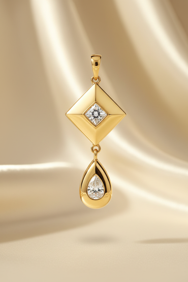 14K yellow gold diamond kite and teardrop two-part drop pendant, elevated front view