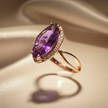 14K Rose Gold Marquise Amethyst and Diamond Halo Ring - three quarter view