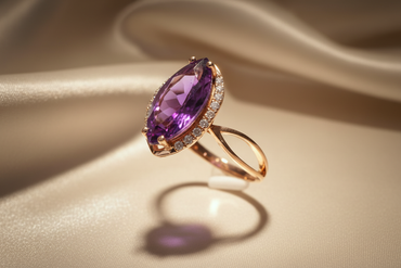 14K Rose Gold Marquise Amethyst and Diamond Halo Ring - three quarter view
