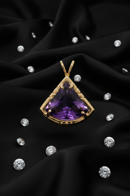 14K Yellow Gold Fan-Cut Amethyst Pendant - Front Close-Up
