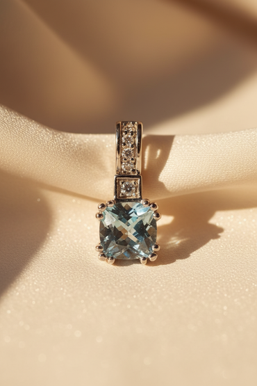 14K White Gold 6mm Cushion Aquamarine & Diamond Pendant - editorial front