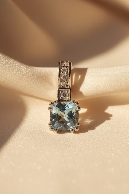 14K White Gold 6mm Cushion Aquamarine & Diamond Pendant - editorial front