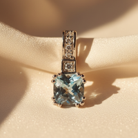 14K White Gold 6mm Cushion Aquamarine & Diamond Pendant - editorial front