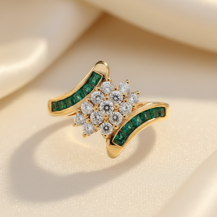 10K Yellow Gold Emerald Channel Set & Diamond Cluster Bypass Ring - marketing image 3