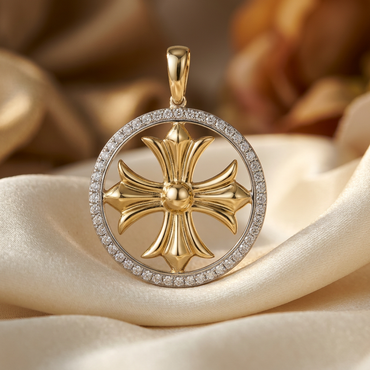 10K yellow gold diamond fashion cross pendant, wider front view on cream satin