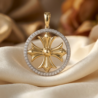 10K yellow gold diamond fashion cross pendant, wider front view on cream satin