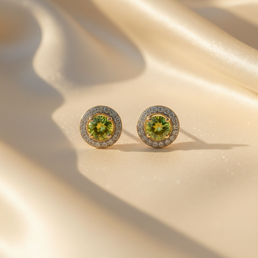 10K yellow gold peridot and diamond crown halo stud earrings - editorial marketing image 1