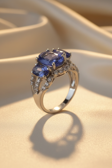 14K white gold three-stone oval tanzanite ring with diamond accents, three-quarter side view