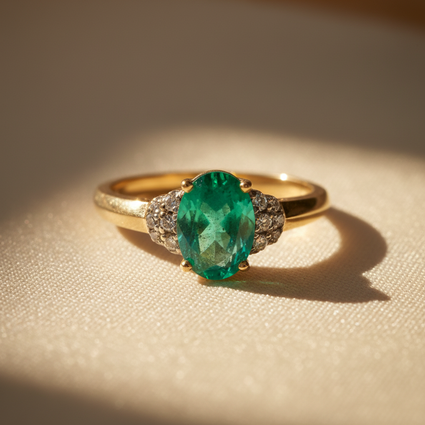 14K Yellow Gold Oval Emerald & Diamond Ring - marketing image 1
