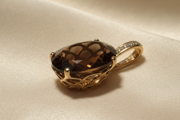14K Yellow Gold Oval Brown Quartz and Diamond Pendant - rear filigree gallery view