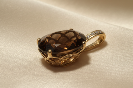 14K Yellow Gold Oval Brown Quartz and Diamond Pendant - rear filigree gallery view