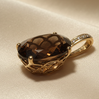 14K Yellow Gold Oval Brown Quartz and Diamond Pendant - rear filigree gallery view