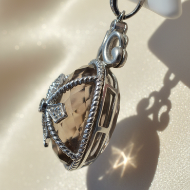 14K white gold smoky quartz and diamond pendant side profile