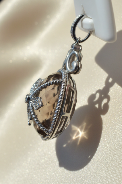 14K white gold smoky quartz and diamond pendant side profile