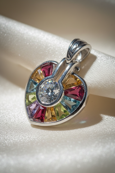 14K white gold multi-gemstone heart pendant with CZ center, three-quarter angle