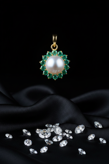 Yellow gold freshwater pearl and emerald halo pendant - front view