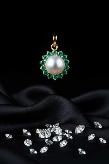 Yellow gold freshwater pearl and emerald halo pendant - front view