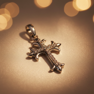 10K white gold ornate fleur-de-lis diamond cross pendant with pavé diamonds and dark oxidized accents, angle 3