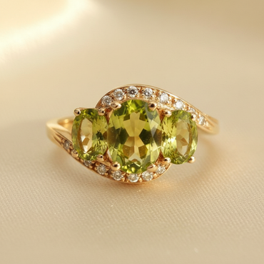 10K Yellow Gold Three-Stone Peridot & Diamond Bypass Ring - editorial front elevated